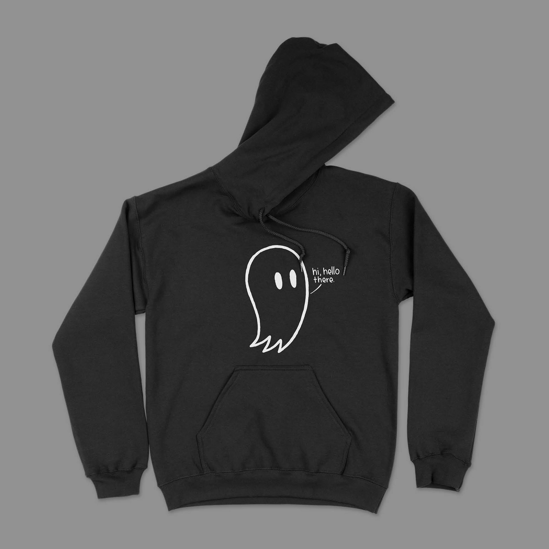 A black hoodie featuring a cute ghost named Fred who is saying "hi, hello there"