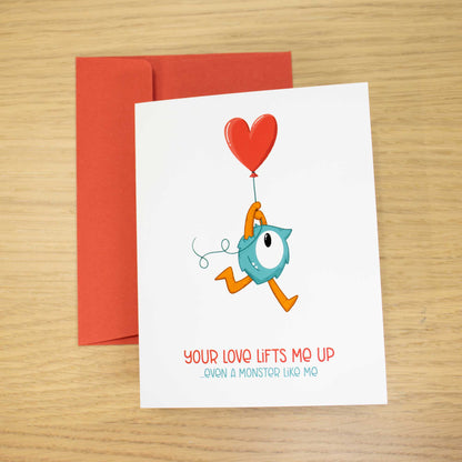 Monster with Heart Balloon Romantic Blank Greeting Card