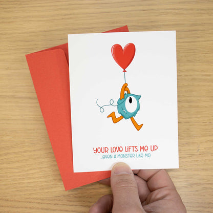 Monster with Heart Balloon Romantic Blank Greeting Card