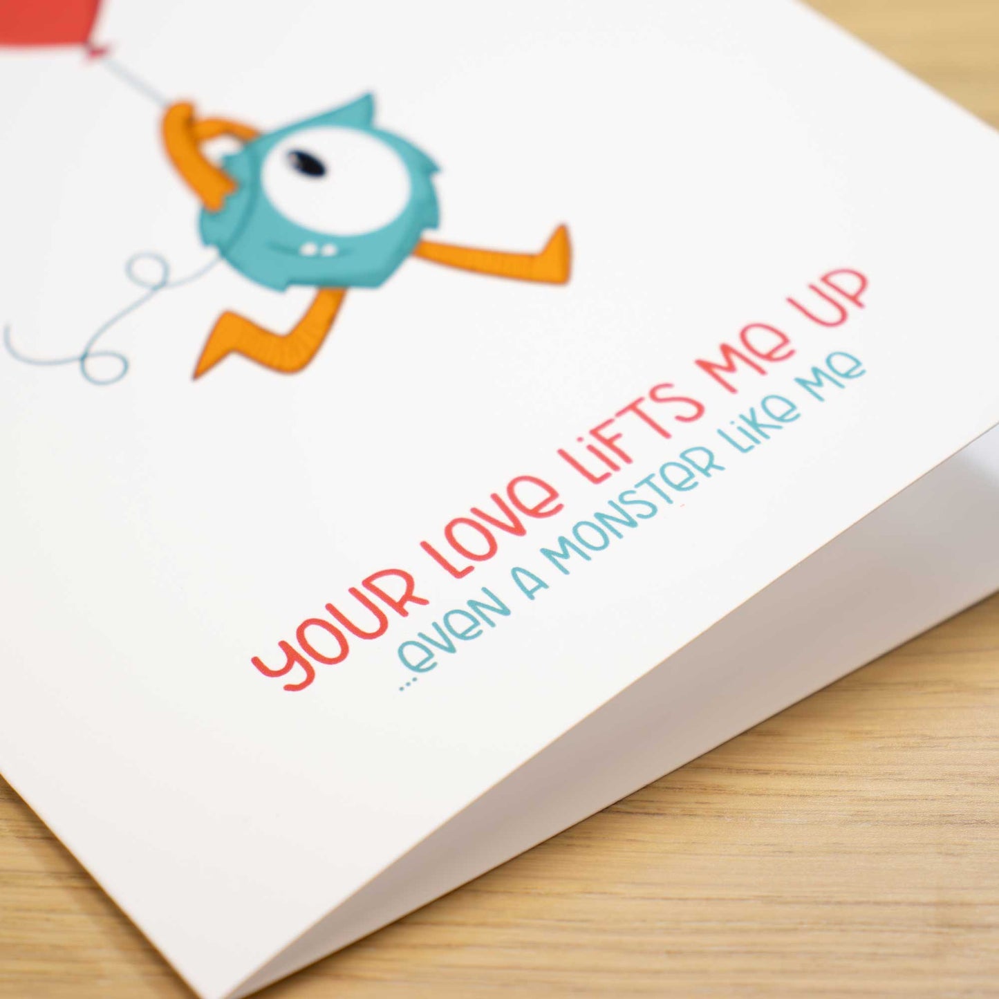 Monster with Heart Balloon Romantic Blank Greeting Card