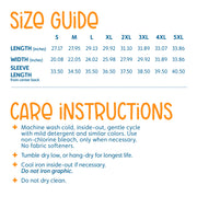 Size guide and care instructions