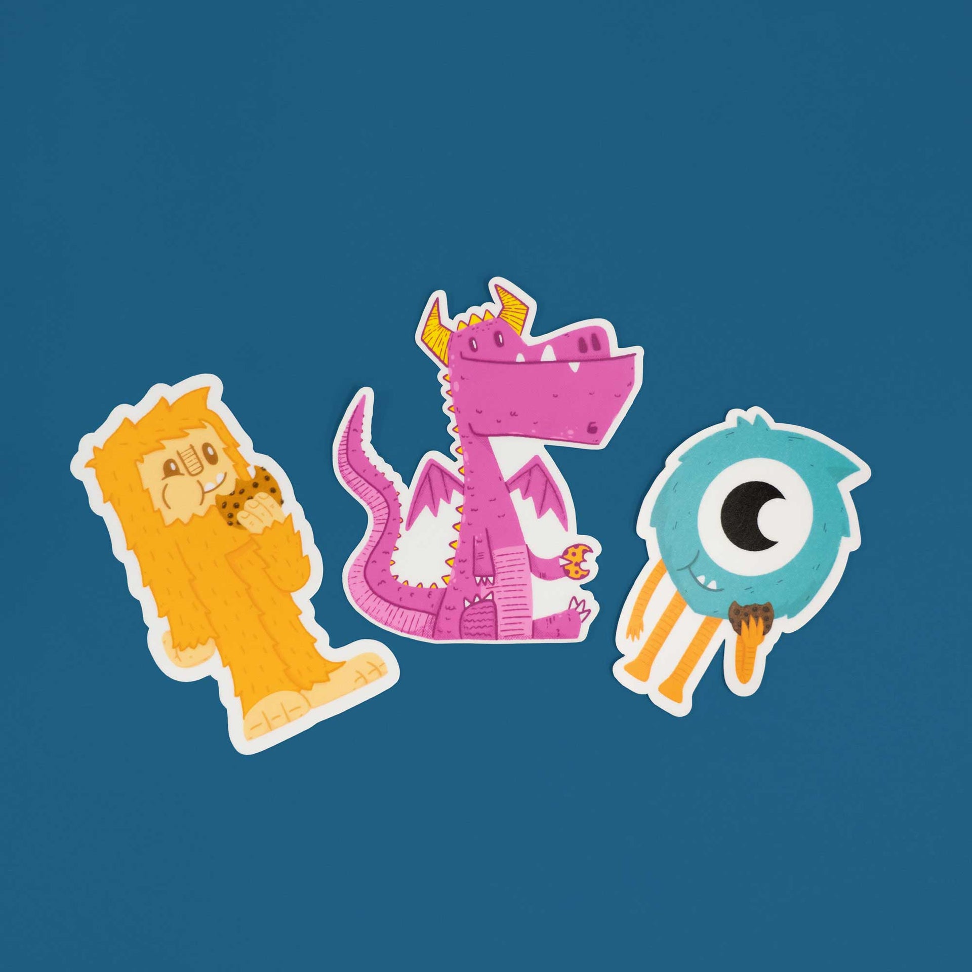 3 pack of sticker loving creatures: bigfoot, dragon, one-eyed monster