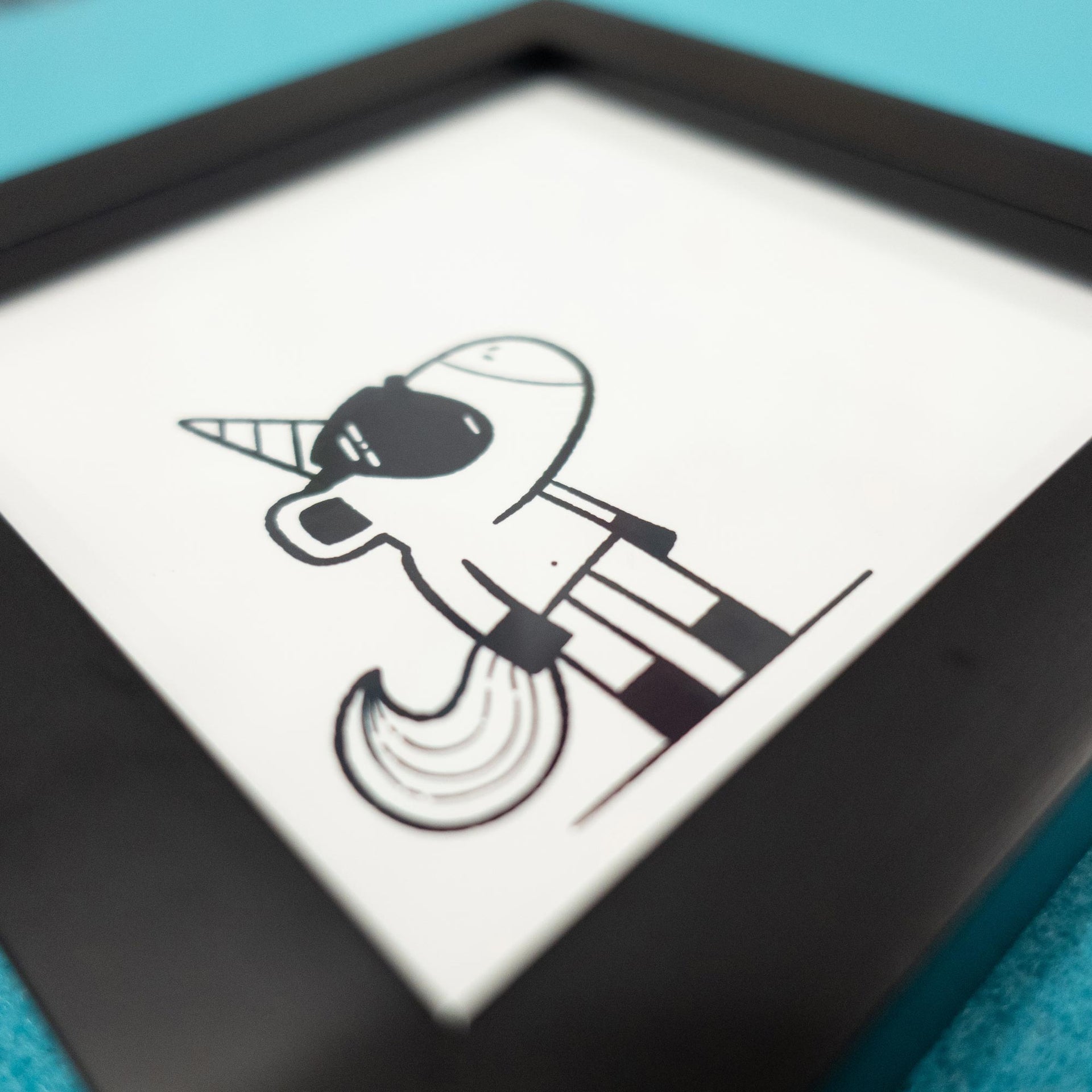 close up of unicorn wearing sunglasses framed doodle art