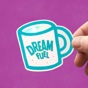 holographic coffee cup sticker with "dream fuel" written on the side
