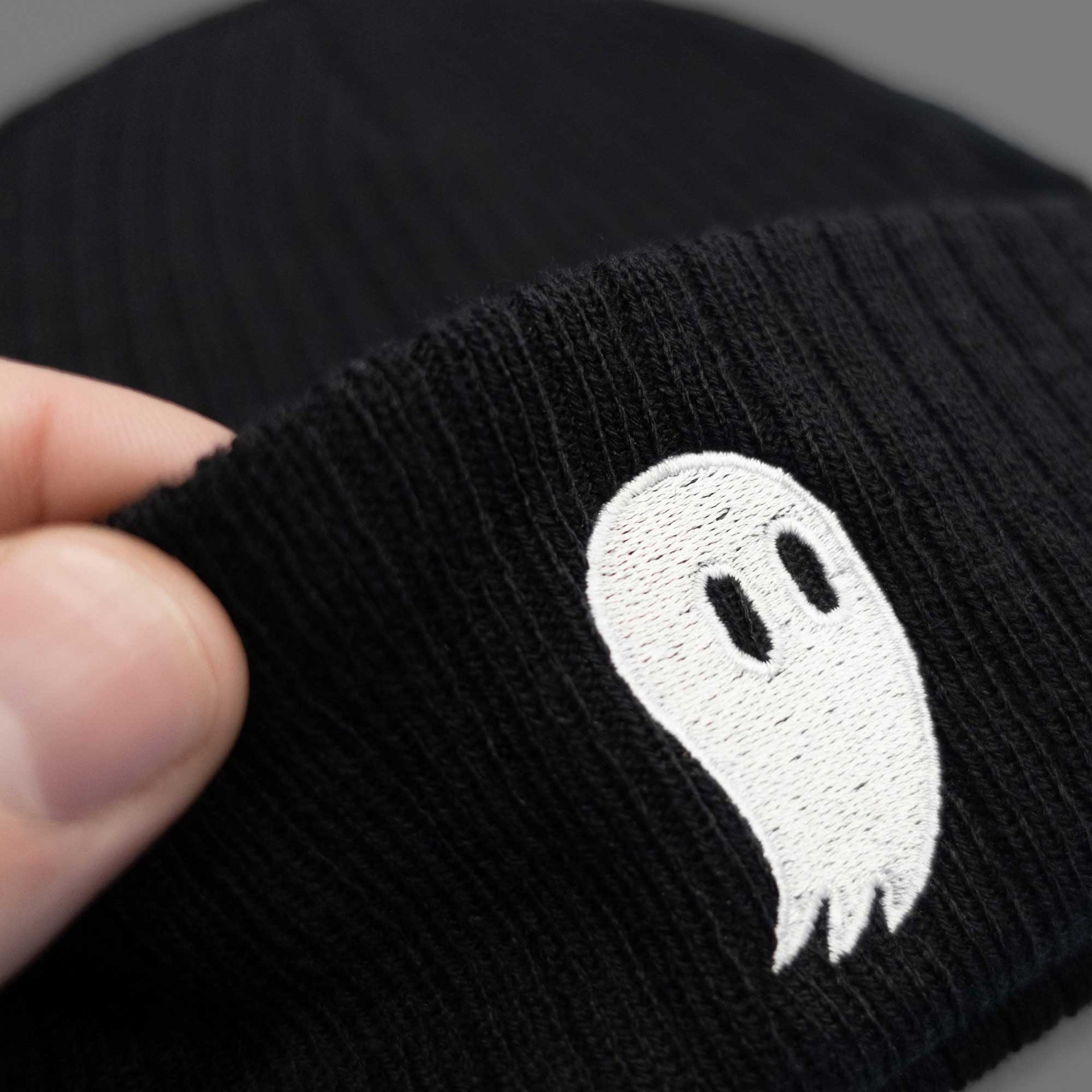 close up of ghost and beanie fabric
