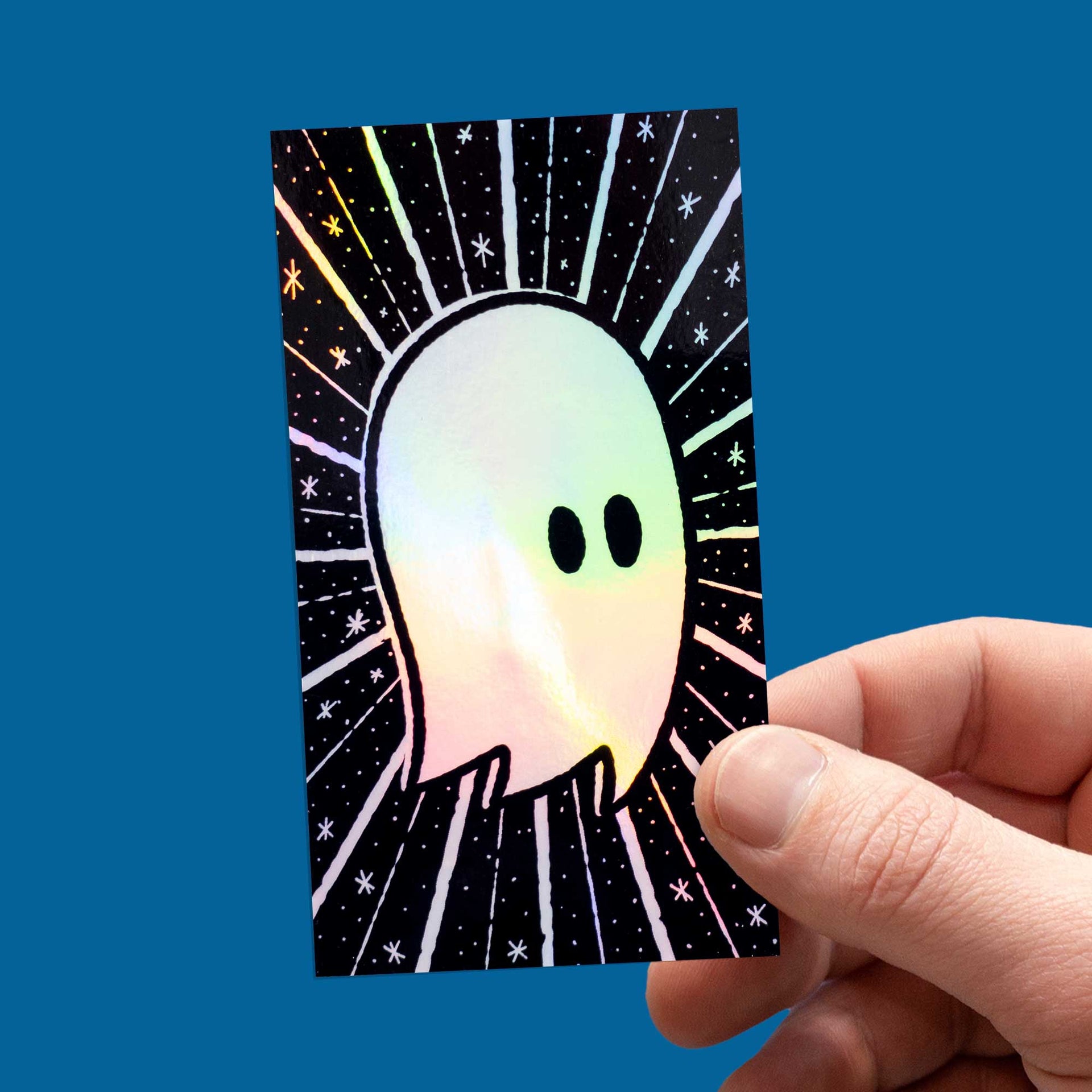 rectangular holographic ghost sticker in hand