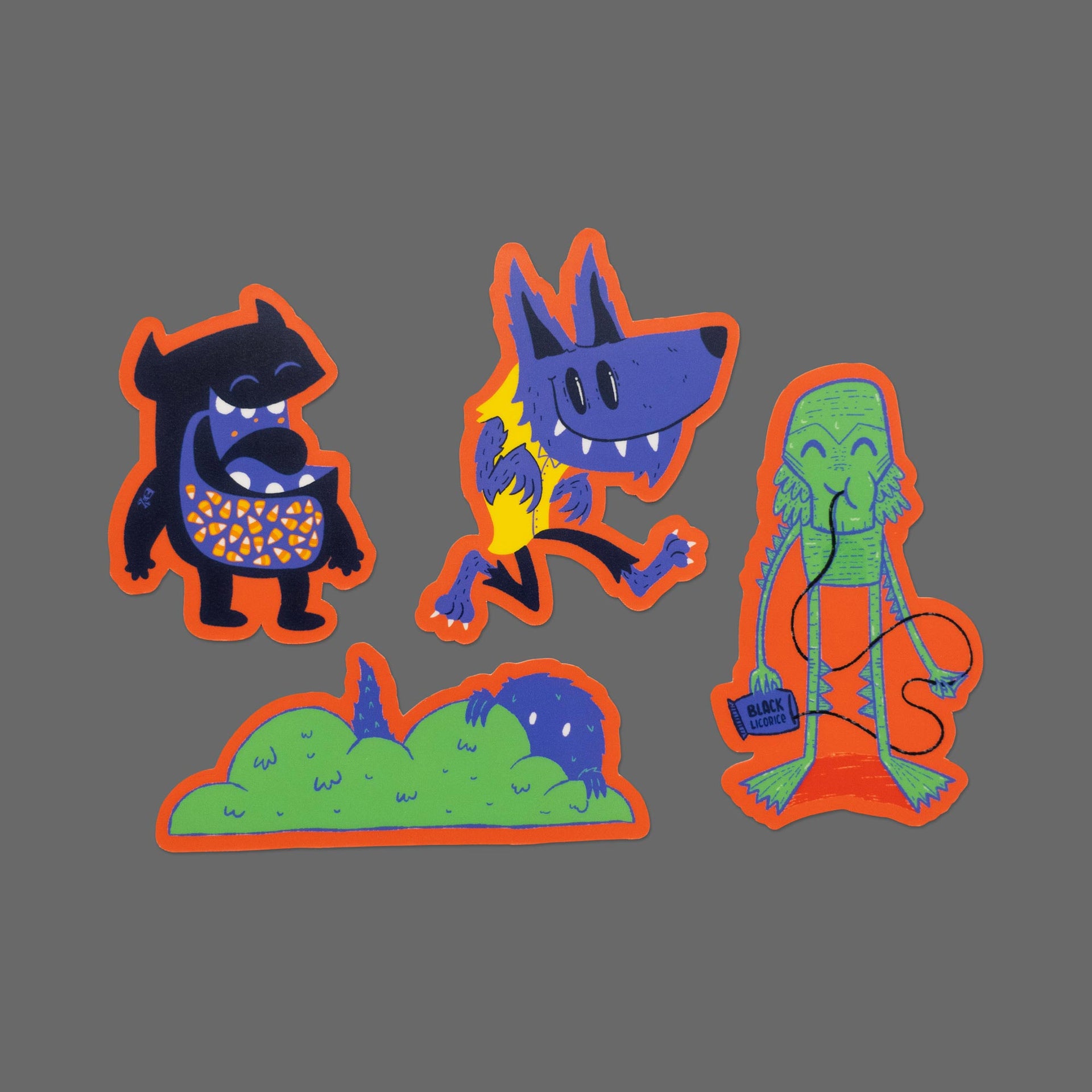 halloween creatures sticker pack: candy corn monster, werewolf, water creature, bush monster