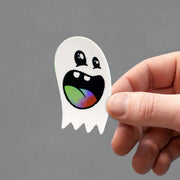 a holographic loud mouth ghost sticker