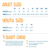 size chart and care instructions