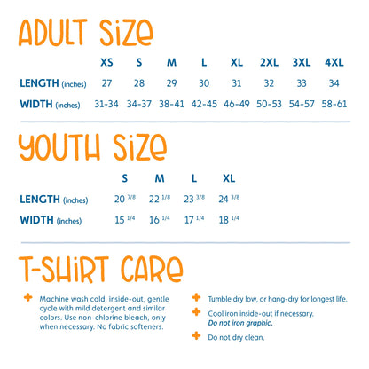 size chart and care instructions
